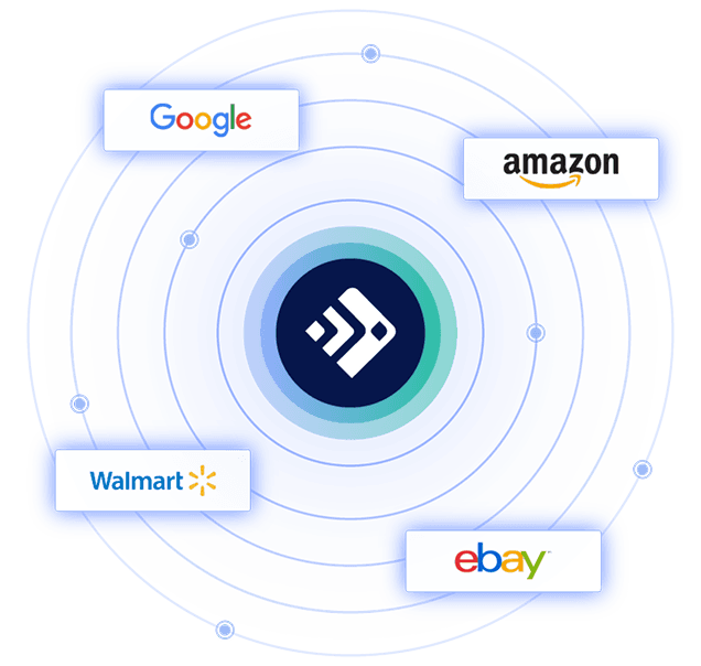 Multi-channel syndication ecosystem illustrating product data distribution from a central hub to major global retailers.