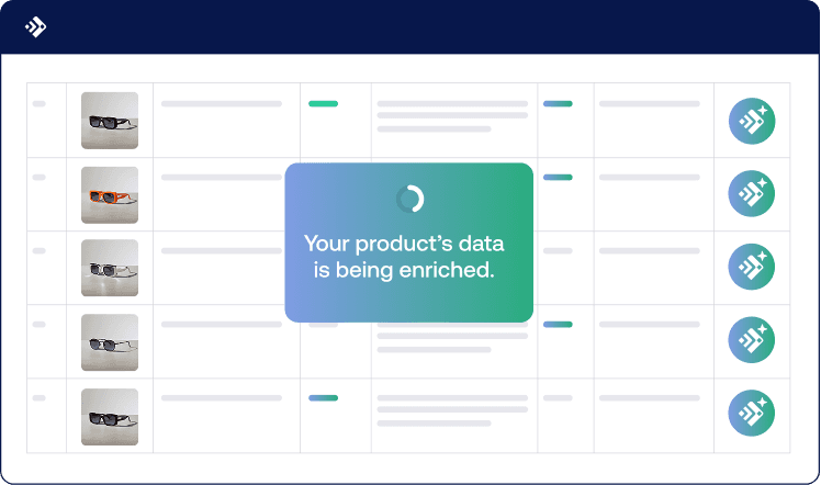 Feedonomics interface showing a loading state for automated eyewear product data enrichment and attribute tagging.